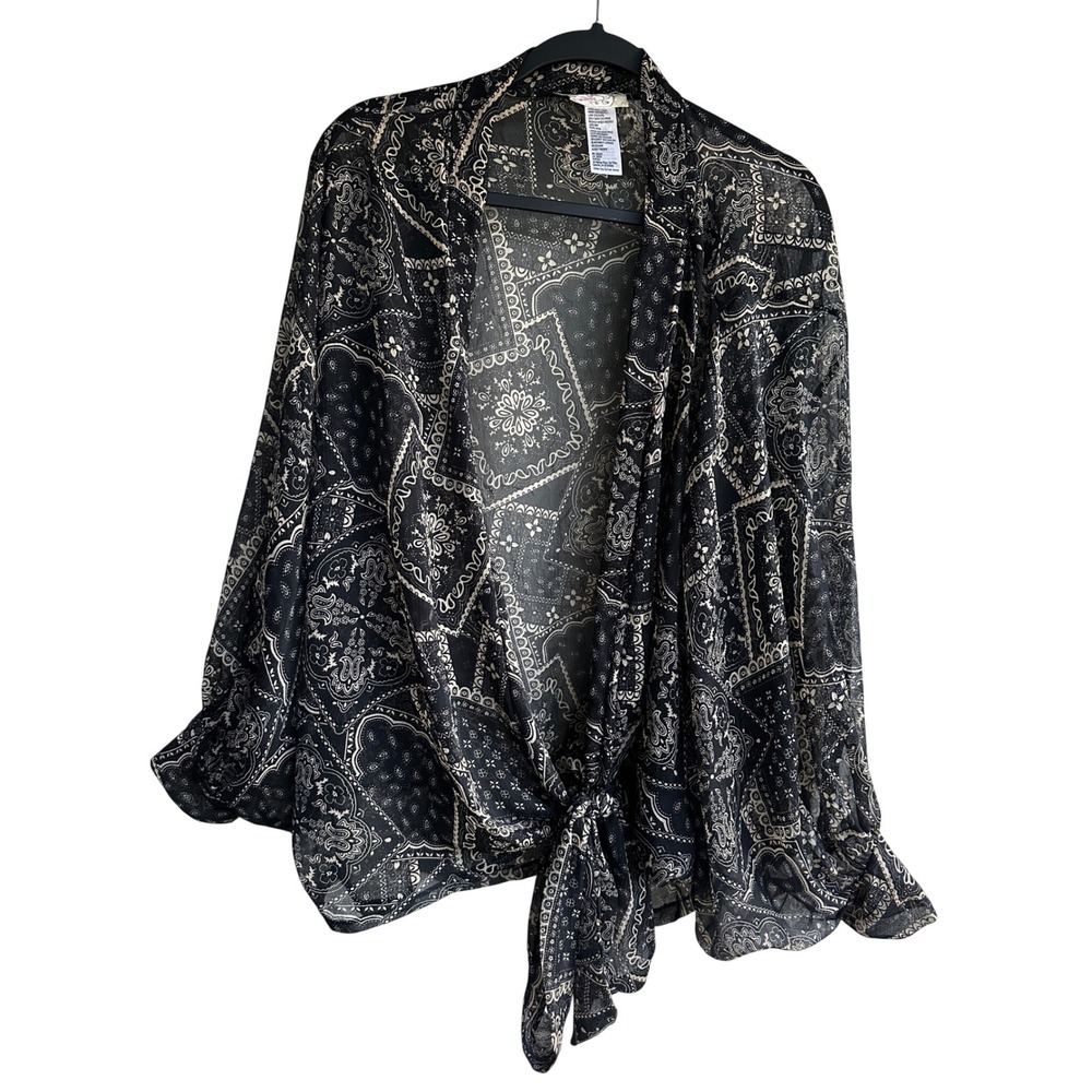 Free People Golden Hour Tie Front Kimono Black Paisley Bandana Print Top O/S